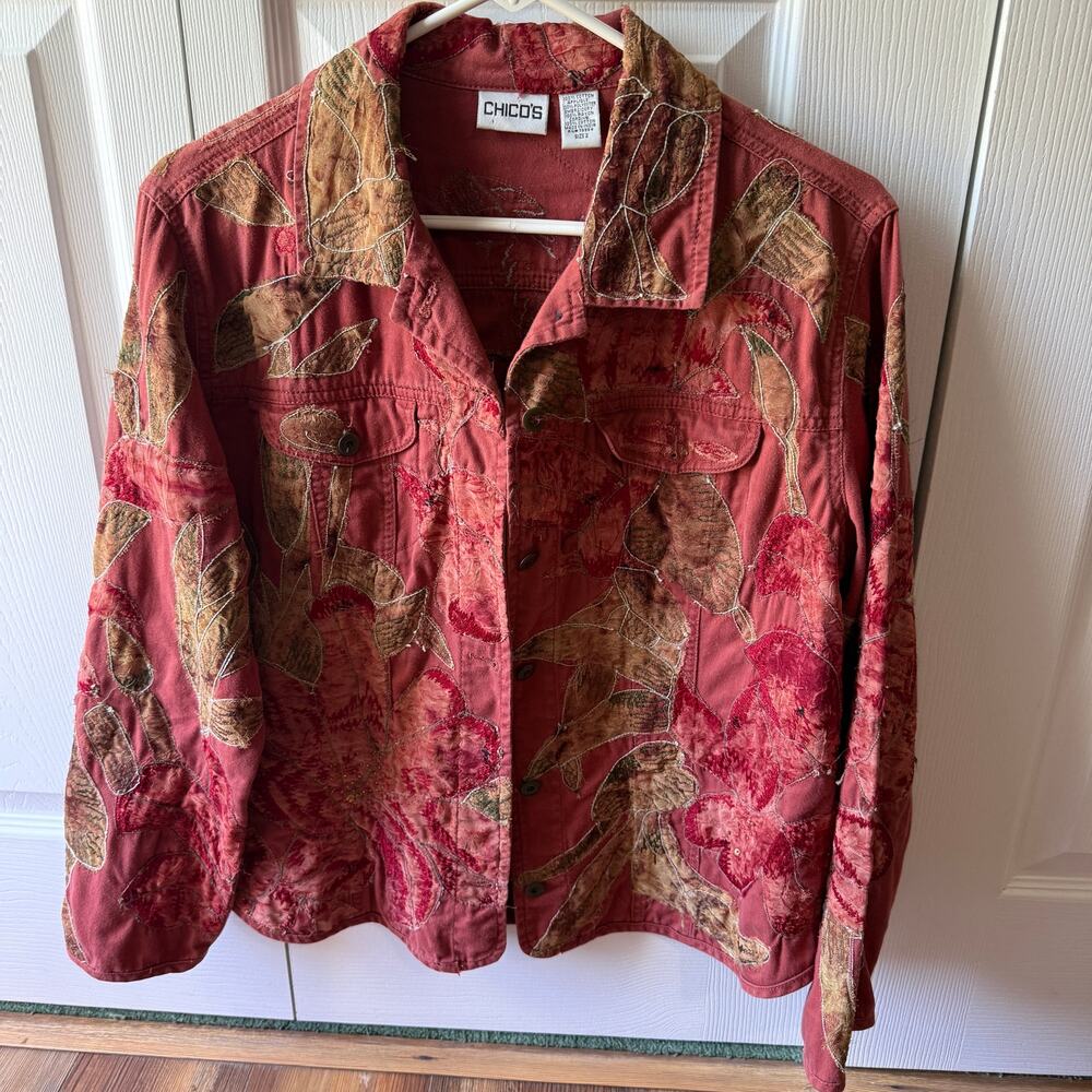 Chicos size 2 red jacket multicolor appliqué embroidered distressed 
Bohemian